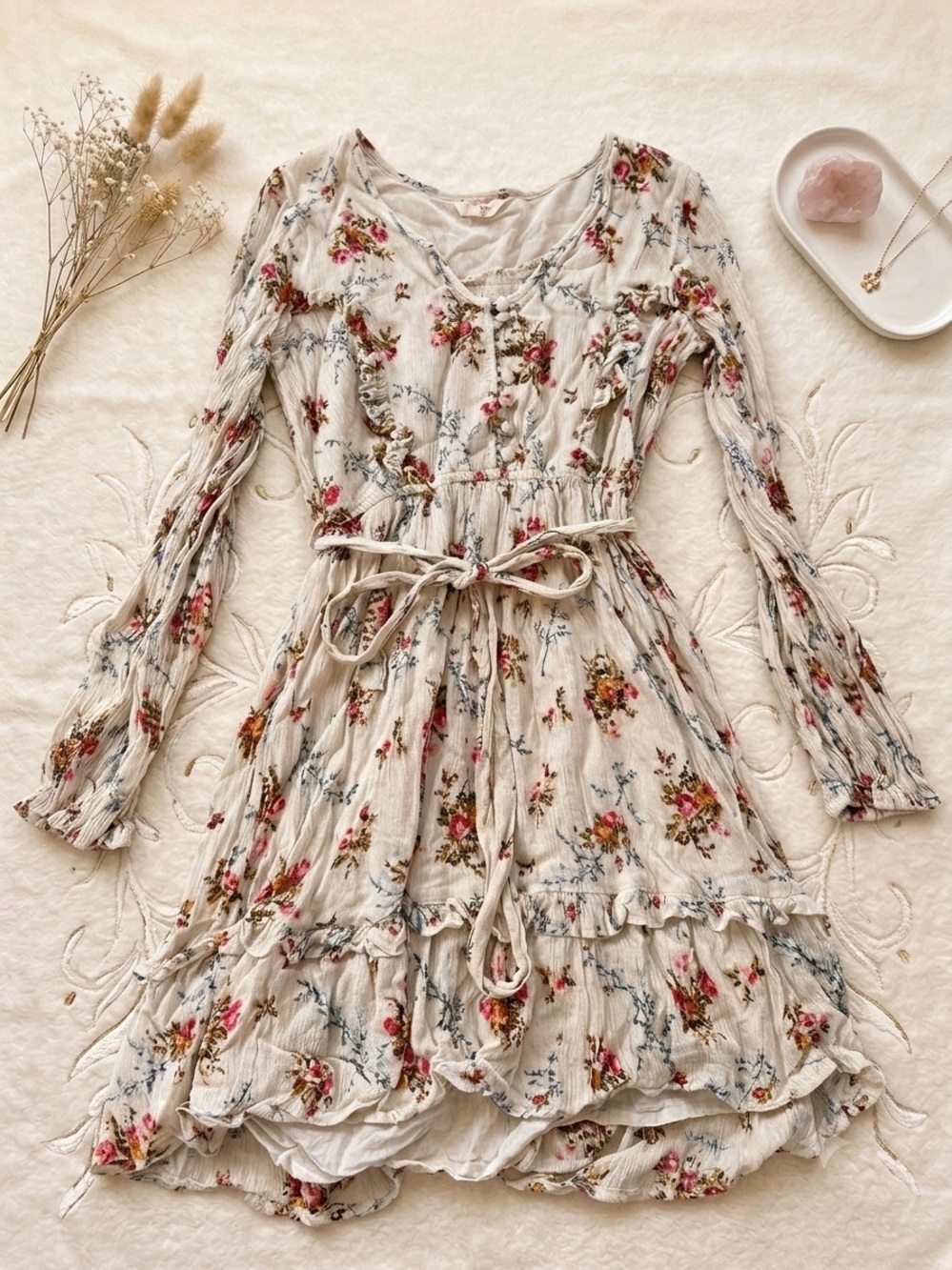 Boho Floral Cream Long Sleeve Dress